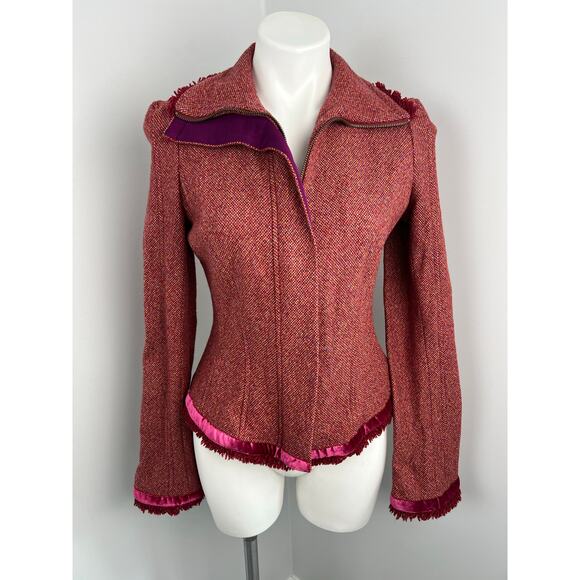 Diane Von Furstenberg Marika Tweed Wool Blend Velvet Fringe Jacket 8 - Picture 2 of 6